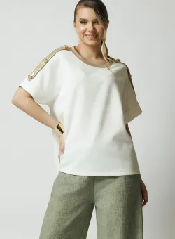 Bluza casual din viscoza alba cu benzi aurii si nasturi pe maneci