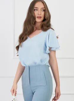 Bluza Delia bleu cu volane la maneci