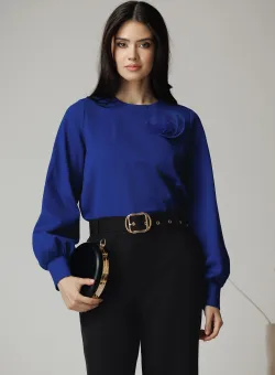 Bluza DY Fashion casual din jerse albastra cu floare din organza