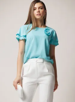 Bluza DY Fashion casual din voal bleu cu trandafir si volane la maneci