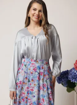 Bluza DY Fashion eleganta din satin gri cu funda si pliuri