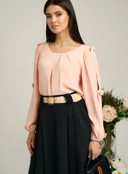 Bluza Dy Fashion peach din voal plin cu maneci crapate si fundite