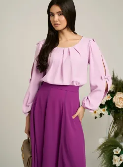 Bluza Dy Fashion roz din voal plin cu maneci crapate si fundite