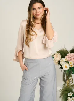 Bluza eleganta din satin bej cu volane la maneci