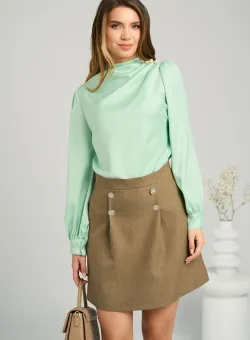 Bluza eleganta din satin verde cu perle si pliuri pe umar