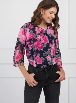 Bluza Milena bleumarin cu trandafiri roz