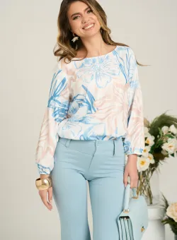 Bluza vaporoasa din viscoza alba cu flori bleu si bej