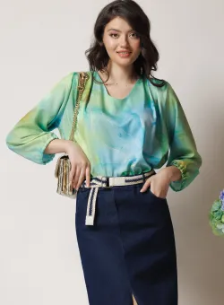 Bluza vaporoasa din viscoza bleu cu imprimeuri verzi