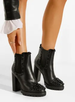 Botine cu toc gros negre Sadine