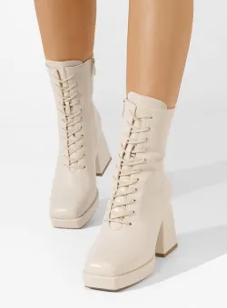 Botine cu toc gros Netina bej