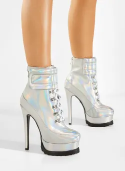 Botine cu toc si platforma argintii Genoa