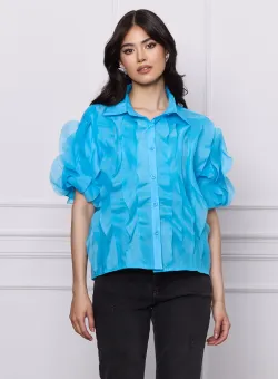 Camasa Alexandra albastra cu volane din organza