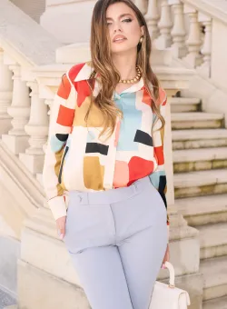 Camasa DY Fashion din satin ivory cu imprimeu geometric