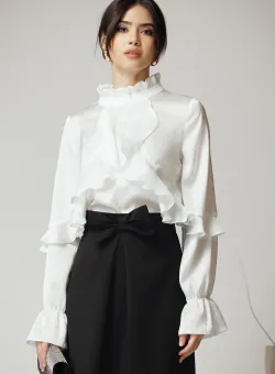 Camasa DY Fashion eleganta din satin alba cu volane