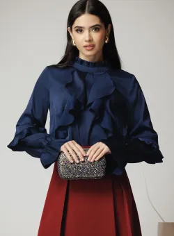 Camasa DY Fashion eleganta din satin bleumarin cu volane