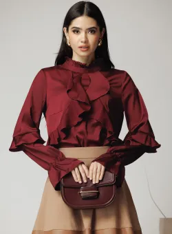 Camasa DY Fashion eleganta din satin bordo cu volane