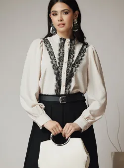 Camasa DY Fashion eleganta din voal bej cu dantela neagra