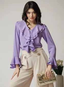 Camasa eleganta din triplu voal lila cu volane