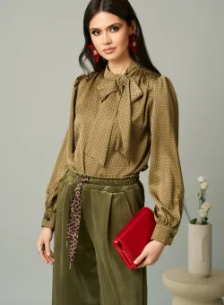 Camasa Moze eleganta din satin kaki cu imprimeuri