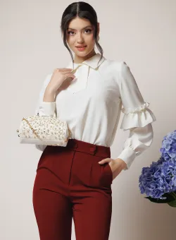 Camasa Moze eleganta din voal ivory cu volane la maneci