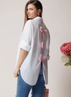 Camasa office din bumbac alba cu dunga si funde roz pe spate