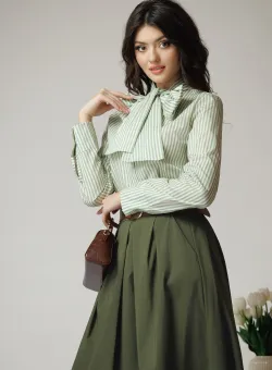 Camasa office din bumbac cu dungi verzi si funda la decolteu