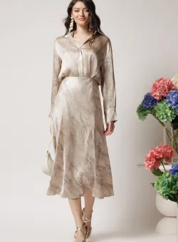 Camasa office din satin bej cu imprimeuri gri