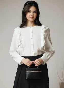 Camasa office din viscoza alba cu volane pe bust