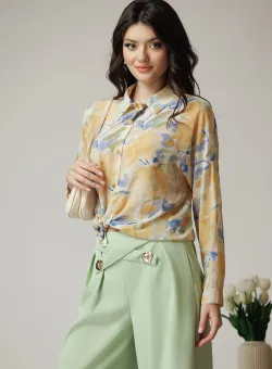 Camasa office din voal galbena cu imprimeuri albastre