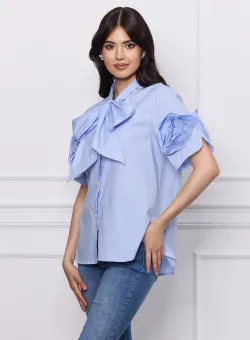 Camasa Simona bleu cu flori pe maneci