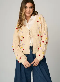 Cardigan casual din tricot ivory cu ciucuri colorati