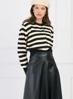 Cardigan scurt casual din tricot ivory cu dungi negre si nasturi