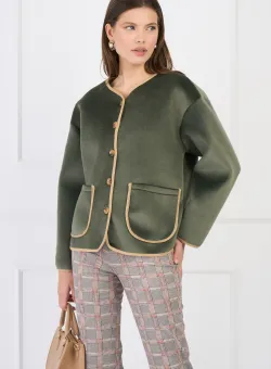 Cardigan scurt elegant din catifea verde cu benzi din fir lurex