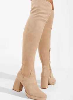 Cizme lungi cu toc gros bej Aria