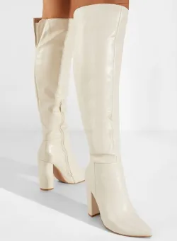 Cizme lungi cu toc gros bej Cailla