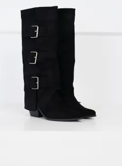 Cizme lungi din piele ecologica intoarsa negre cu catarame