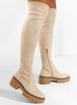Cizme lungi fara toc bej Dolaria