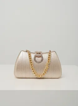 Clutch elegant din fir lurex auriu cu inchidere metalica cu strasuri