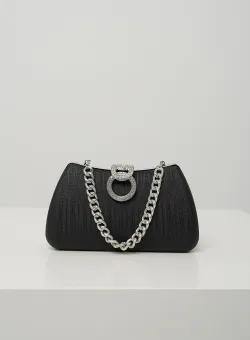 Clutch elegant din fir lurex negru cu inchidere metalica cu strasuri