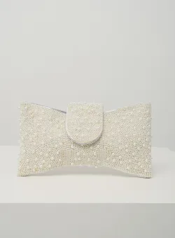 Clutch elegant din perlute alb in forma de funda