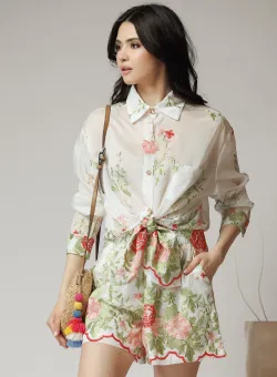 Compleu casual din organza alb cu broderie florala