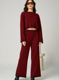 Compleu casual din tricot burgundy cu bluza si pantaloni evazati