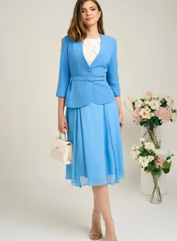 Compleu DY Fashion elegant bleu cu fusta din voal si sacou din stofa