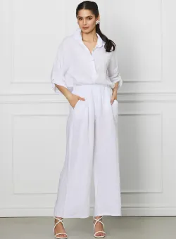 Compleu Victoria alb din in cu camasa si pantaloni