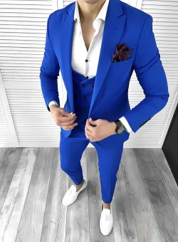 Costum barbati albastru slim fit in sacou + pantaloni + vesta 11706 N7-4.3