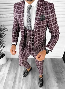 Costum barbati slim fit grena in carouri B7916 6-5