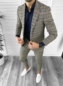 Costum barbati slim fit in carouri sacou + pantaloni 10268 D4-3.1