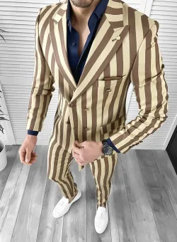 Costum barbati slim fit in carouri sacou + pantaloni bej 1047 i16-5.3