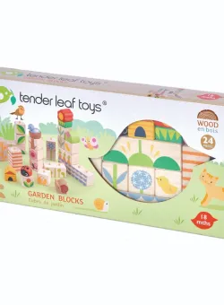 Cuburi stivuibile din lemn, Tender Leaf Toys, cu ilustratii din gradina, 24 piese