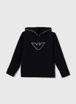 Emporio Armani bluza copii culoarea albastru marin, cu glugă, cu imprimeu